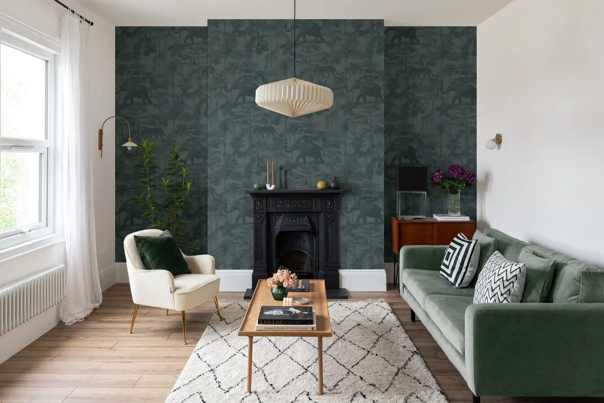 Modern living room with geometric wallpaper in Fort Lauderdale